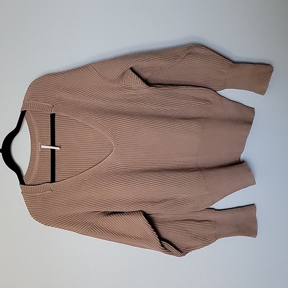 Free People Casual Allure Taupe Camel Brown Ribbed Oversized Sweater Top large - Picture 3 of 9